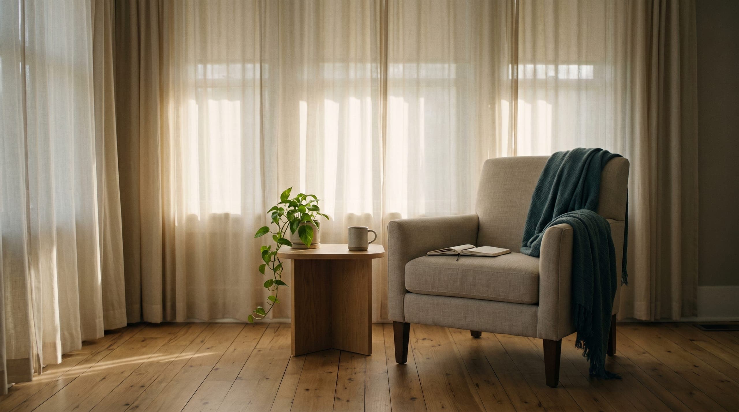 Sunlit therapy room with linen curtains, oak side table, and a quiet reading chair