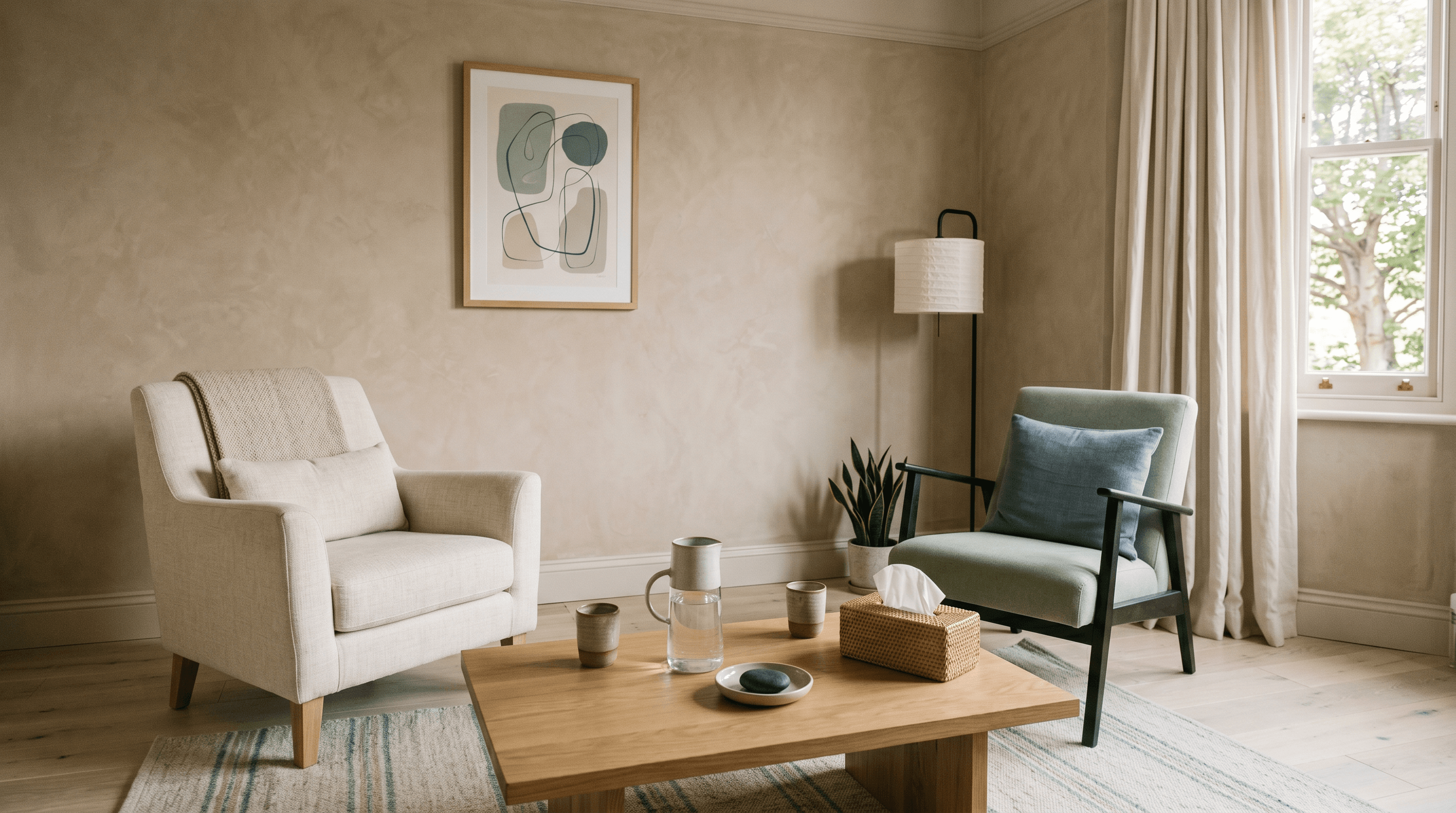 A calm contemporary therapy room with two armchairs angled toward each other across a low oak table