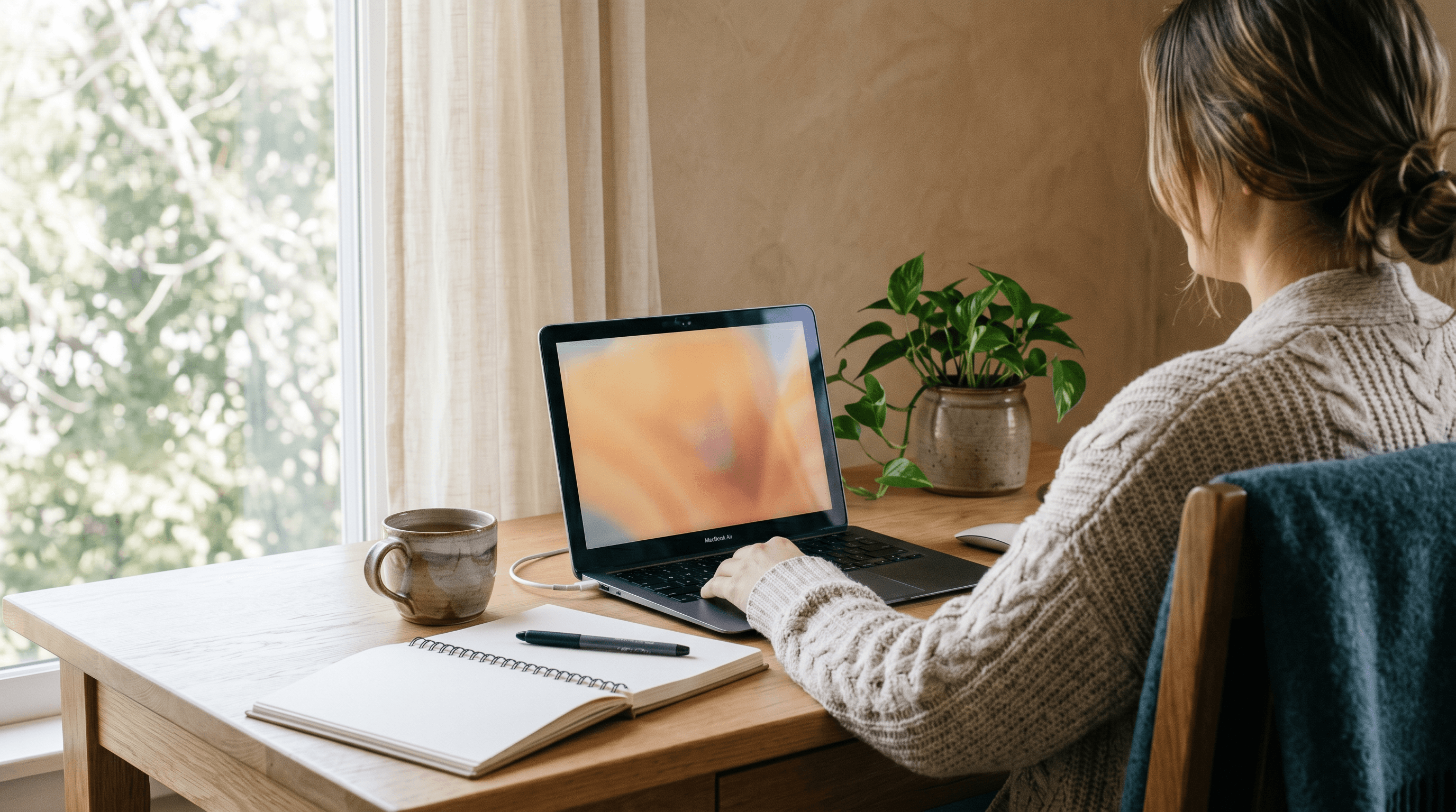 Over-the-shoulder view of a comfortable home telehealth setup — laptop, ceramic mug, notebook, and natural light