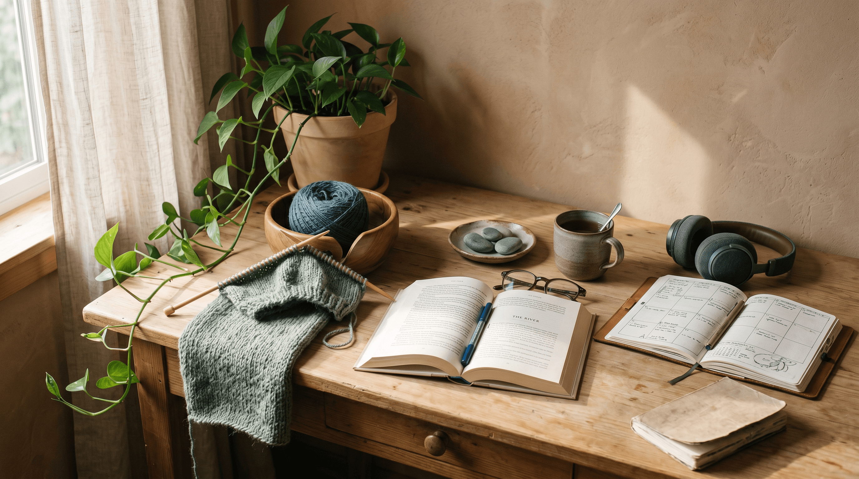 A softly lit creative desk where several quiet projects coexist — knitting, an open novel, a journal, and tea — calm intentional focus
