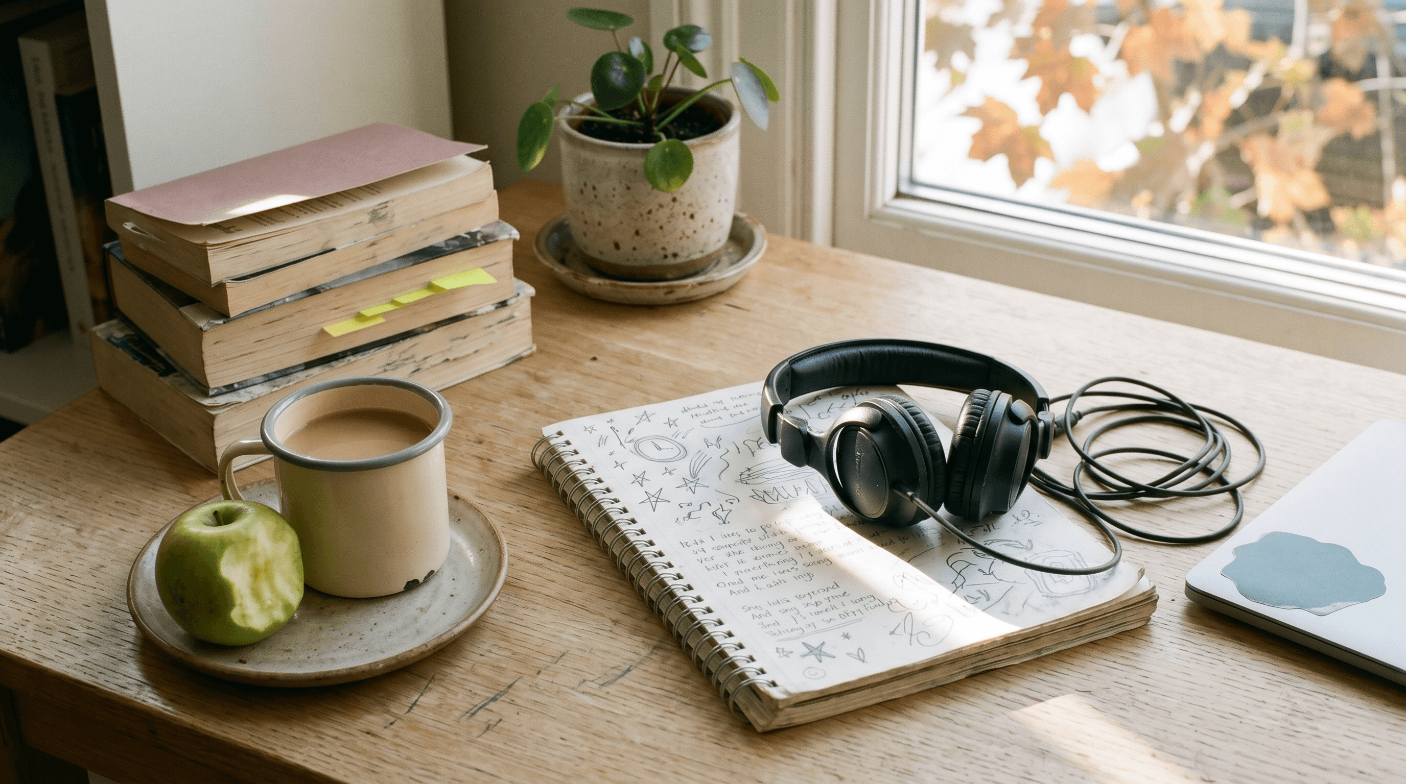 A teen's desk with headphones, a doodled notebook, an apple, and a stack of paperbacks — a real life taken seriously