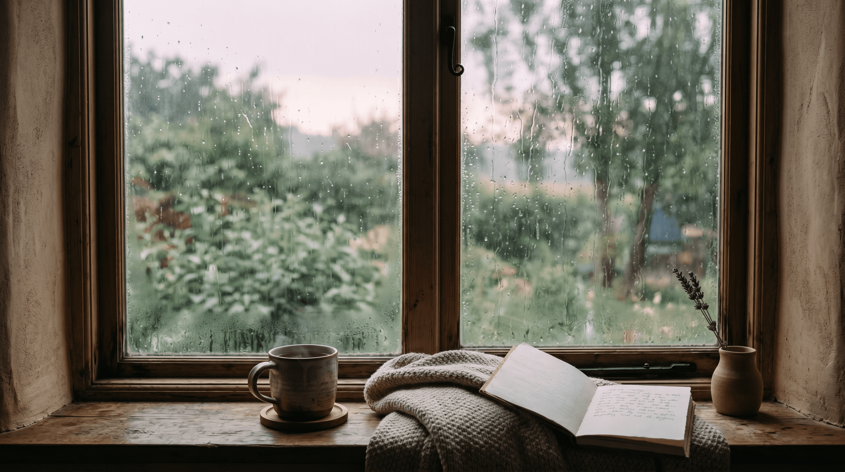 A rainy morning seen from inside a warm room — steaming tea, an open notebook, the calm after racing thoughts settle