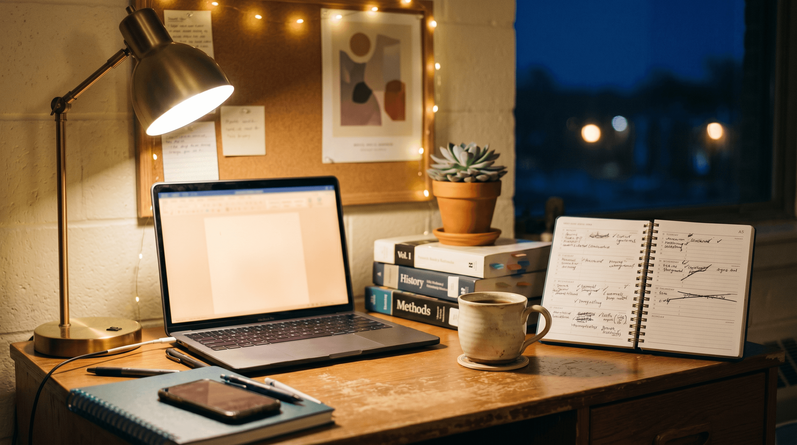A late-night dorm desk lit by a single warm lamp — laptop, textbooks, planner, and a cold cup of coffee