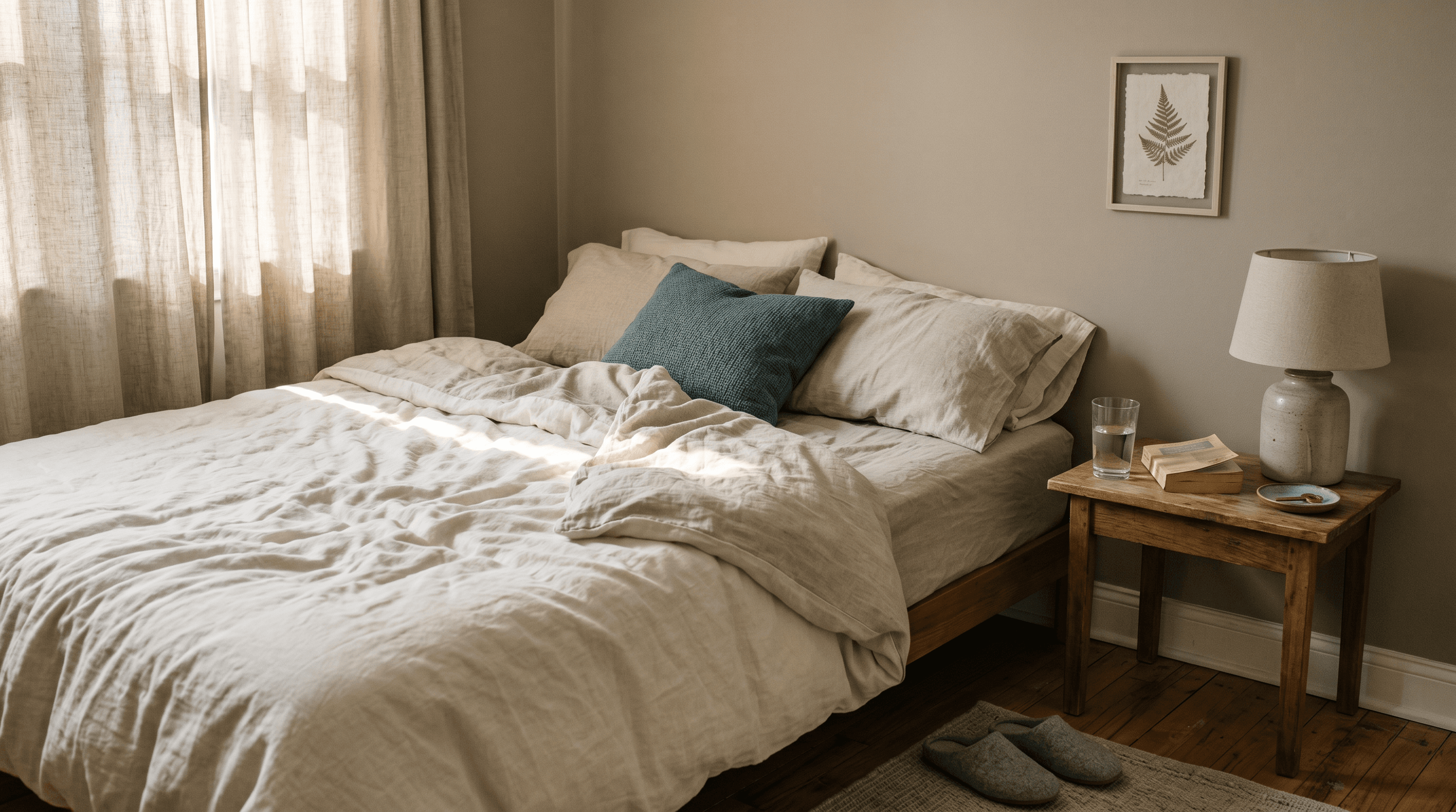 A softly lit bedroom with the curtain partially open and morning light falling on the bed — small honest first steps