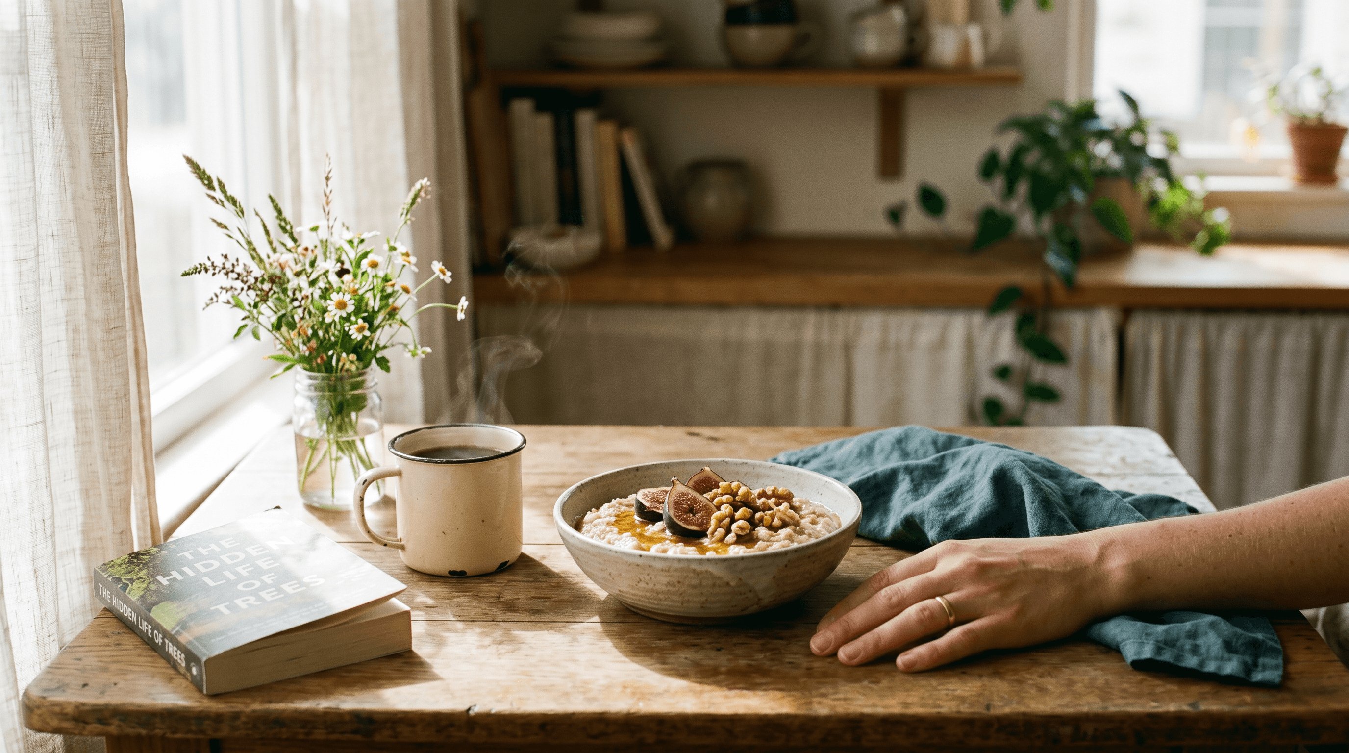 A sunlit breakfast table with an unhurried bowl of oatmeal, coffee, and wildflowers — food as nourishment, not performance