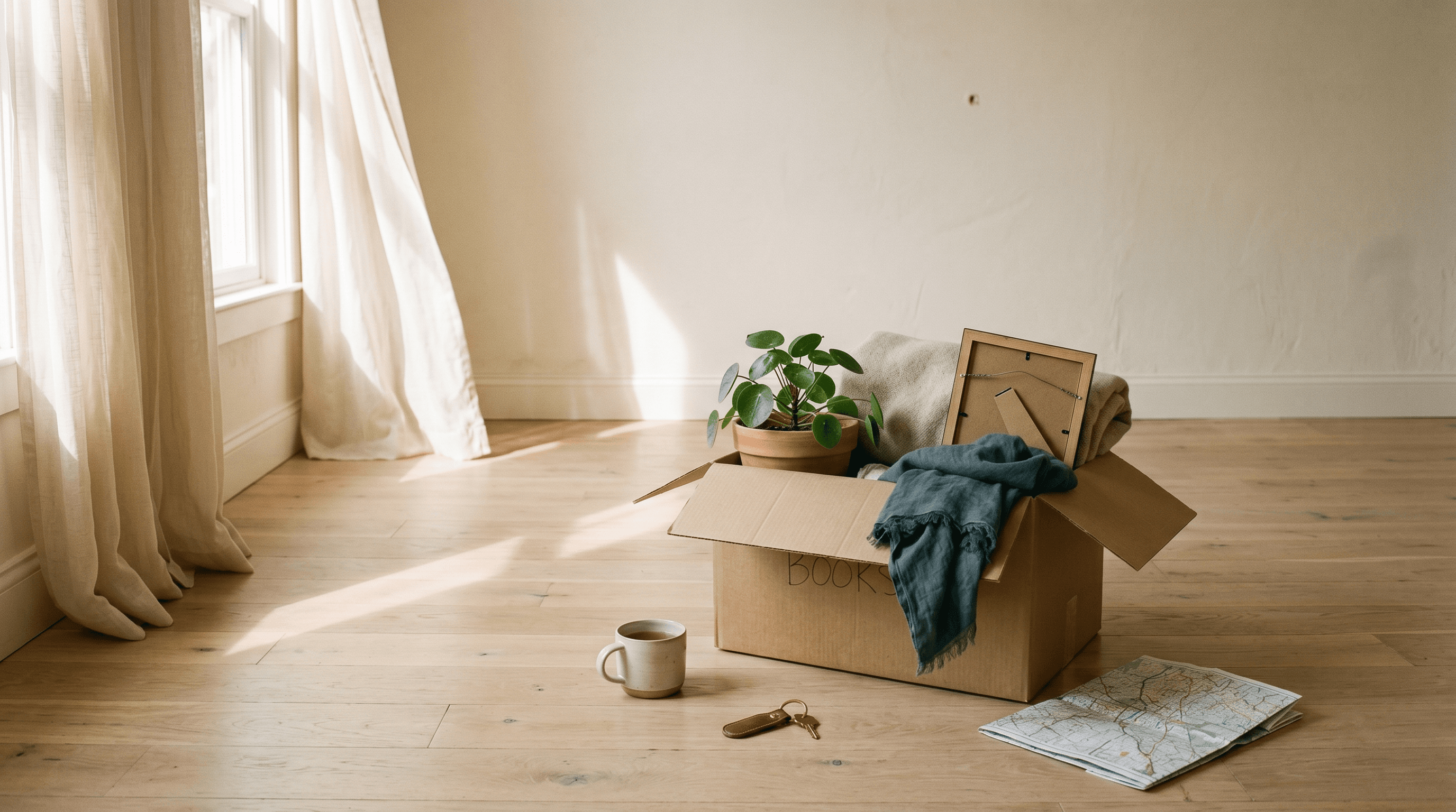 A sunlit room mid-move with a half-packed box, a houseplant tucked inside, and a single key on the floor — the threshold between what's ending and what's beginning