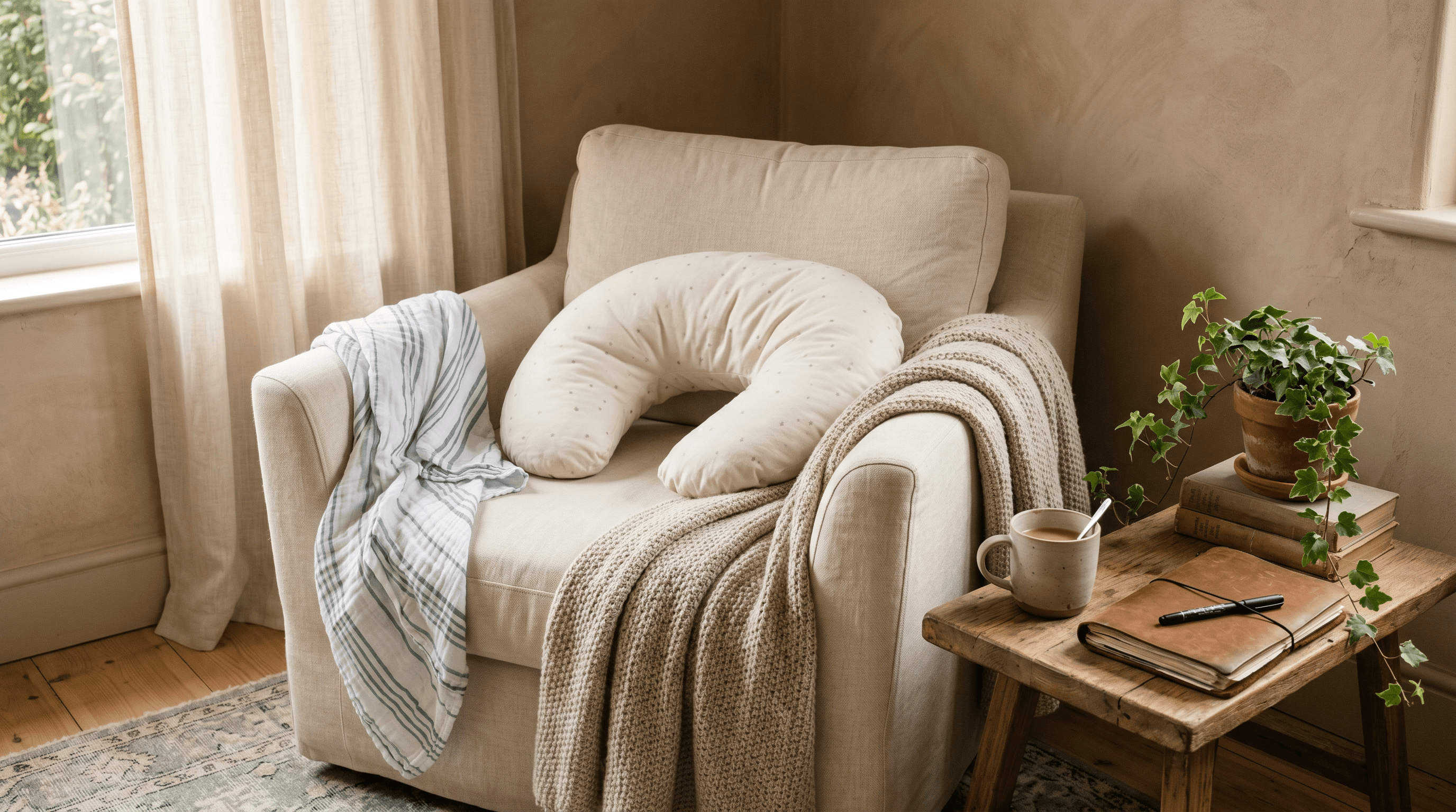 A quiet linen nursing chair in late afternoon light with a soft swaddle, a half-finished mug of tea, and a closed journal — the honest in-between of new motherhood