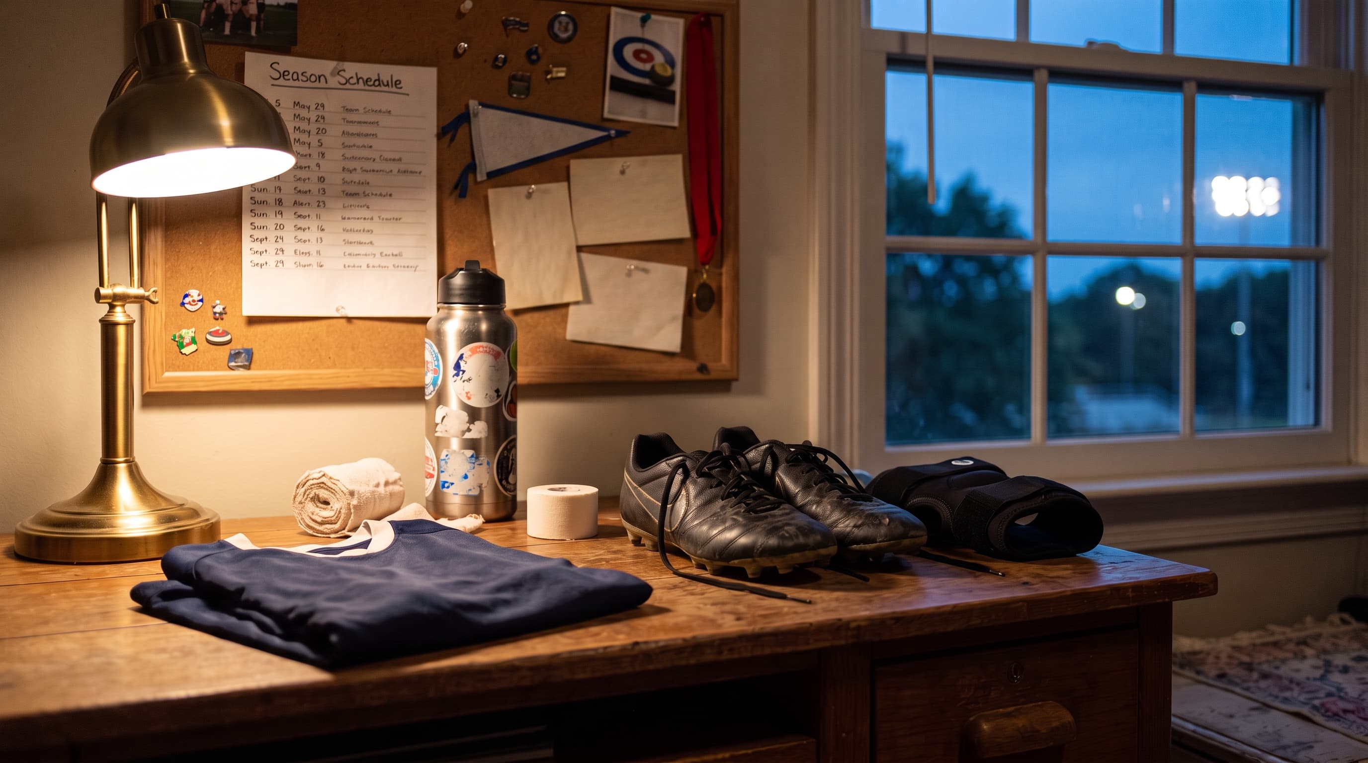 A bedroom desk at dusk under a warm lamp — cleats set down with loose laces, a knee brace, athletic tape, a sticker-covered water bottle and a folded team jersey, with stadium lights blurred beyond the window