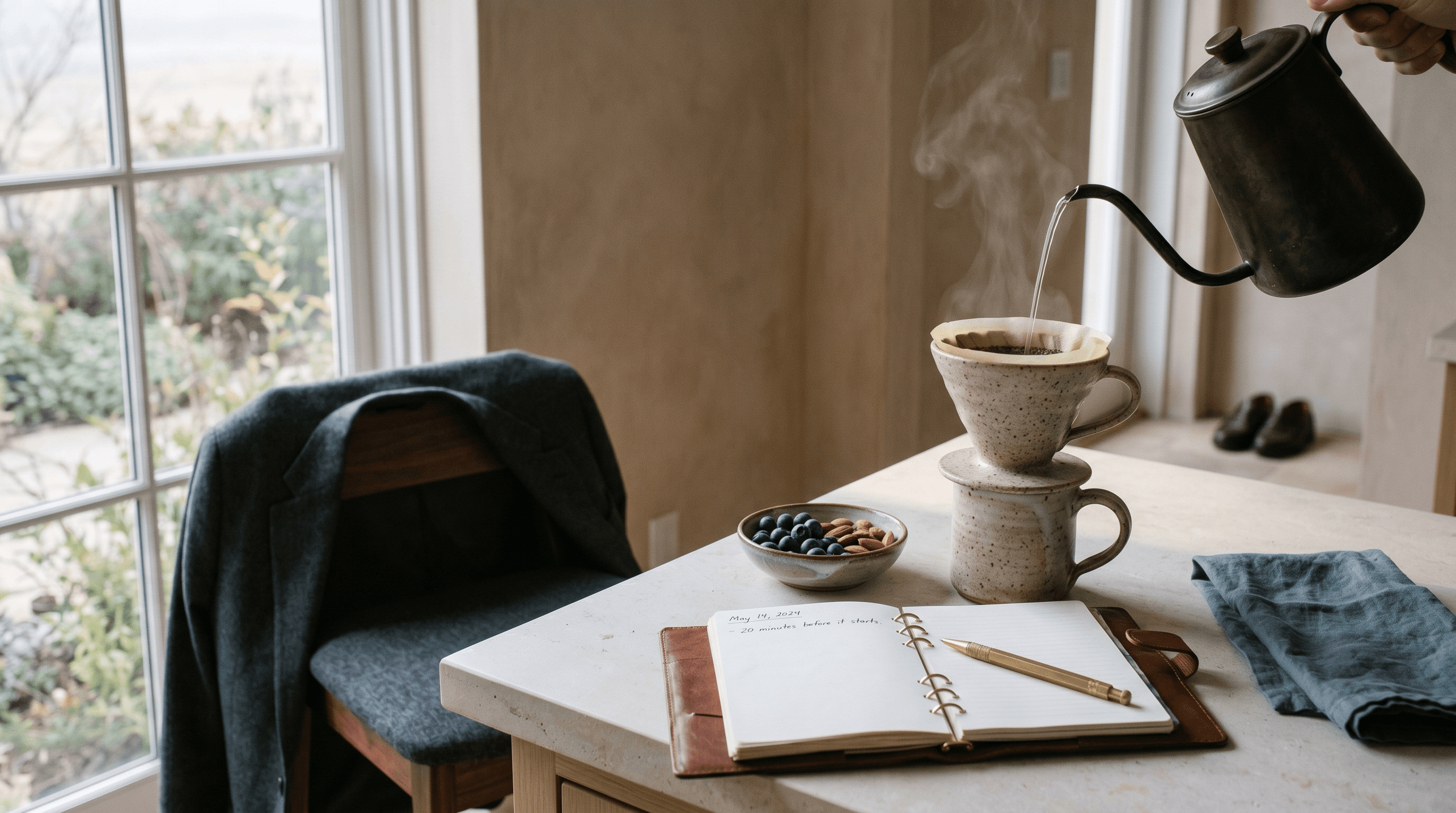 A clean morning kitchen counter with a pour-over coffee, an open planner, and dawn light — twenty minutes claimed before the day